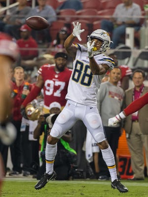 Los Angeles Chargers receiver Andre Patton, who played at St. Elizabeth, makes a reception against the San Francisco 49ers in a preseason game on Aug. 31.