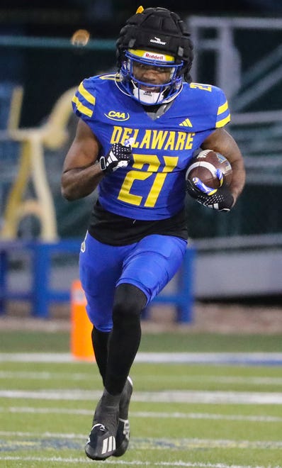 Delaware running back Marcus Yarns takes a kickoff during the Blue and White Spring Game at Delaware Stadium, Friday, April 19, 2024.