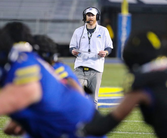 Delaware head coach Ryan Carty watches his team during the Blue and White Spring Game at Delaware Stadium, Friday, April 19, 2024.