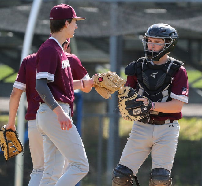 Concord starter Jackson LaPerle (left) and catcher Adam Ferguson get set for the Brandywine at bats in the first inning in Concord's 3-1 win at Brandywine High School, Tuesday, April 23, 2024.