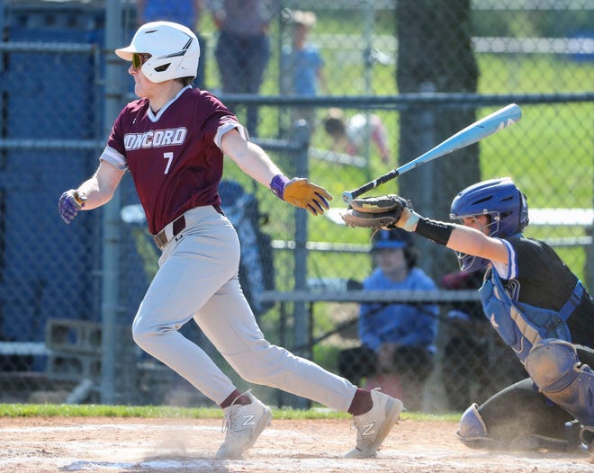 Concord's Dan Baxter reaches base with a second inning hit before scoring the opening run in Concord's 3-1 win at Brandywine High School, Tuesday, April 23, 2024.
