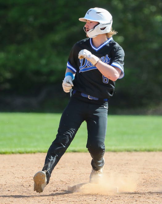 Brandywine's Frank Honisch pulls in to second base with a second inning double in Brandywine's in Concord's 3-1 win at Brandywine High School, Tuesday, April 23, 2024.