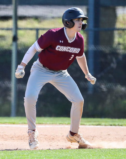 Concord's Jack Pope leads off first in the second inning of Concord's 3-1 win at Brandywine High School, Tuesday, April 23, 2024.