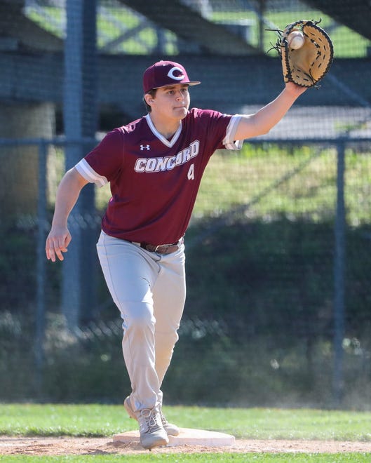 Concord first baseman Ryan Brooks makes a grab at first base for an out in the second inning of Concord's 3-1 win at Brandywine High School, Tuesday, April 23, 2024.