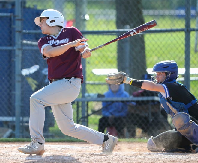 Concord's Ryan Brooks gets a base hit in the third inning of Concord's 3-1 win at Brandywine High School, Tuesday, April 23, 2024.