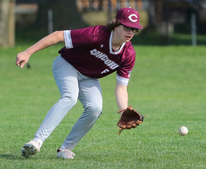 Concord's Jeremy Fischer pulls in a base hit in the third inning of Concord's 3-1 win at Brandywine High School, Tuesday, April 23, 2024.