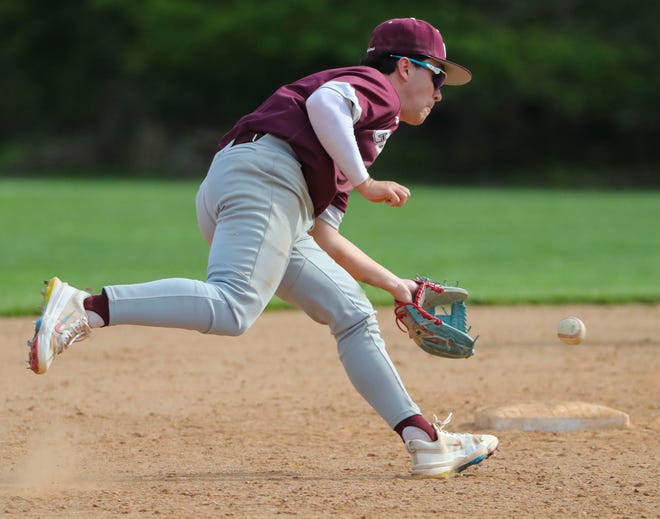 Concord's Andrew Firko ranges to his left for an out on a grounder in the fourth inning of Concord's 3-1 win at Brandywine High School, Tuesday, April 23, 2024.
