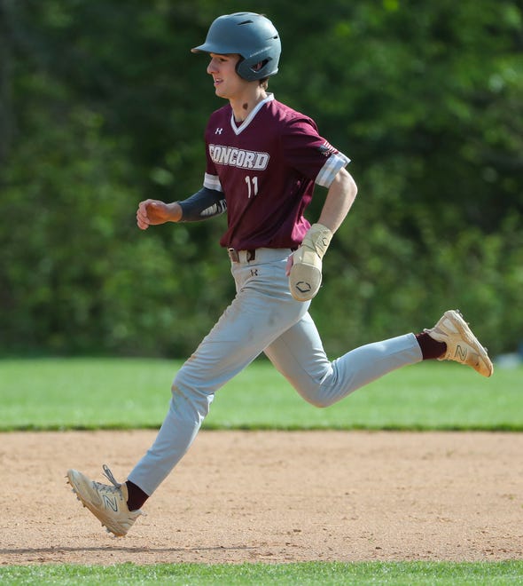 Concord's Jackson LaPerle advances on a wild pitch in the fifth inning of Concord's 3-1 win at Brandywine High School, Tuesday, April 23, 2024.