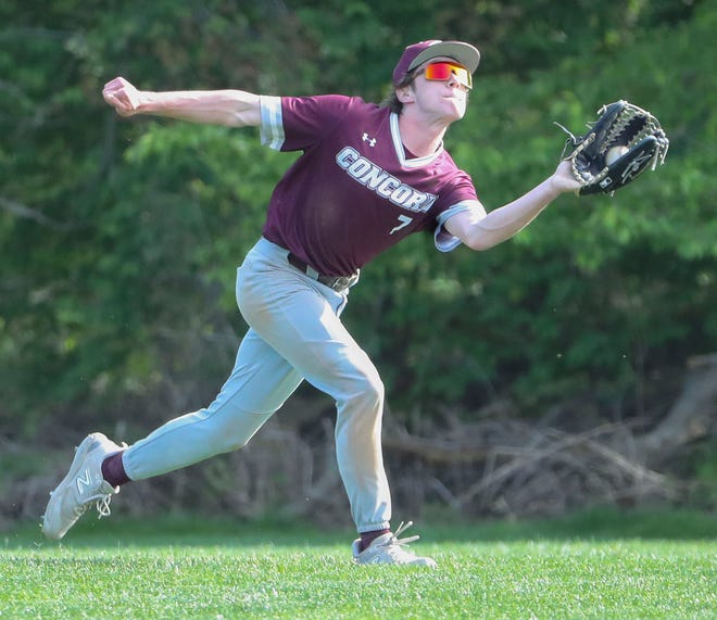 Concord's Dan Baxter ends the third inning with a grab in right field in Concord's 3-1 win at Brandywine High School, Tuesday, April 23, 2024.
