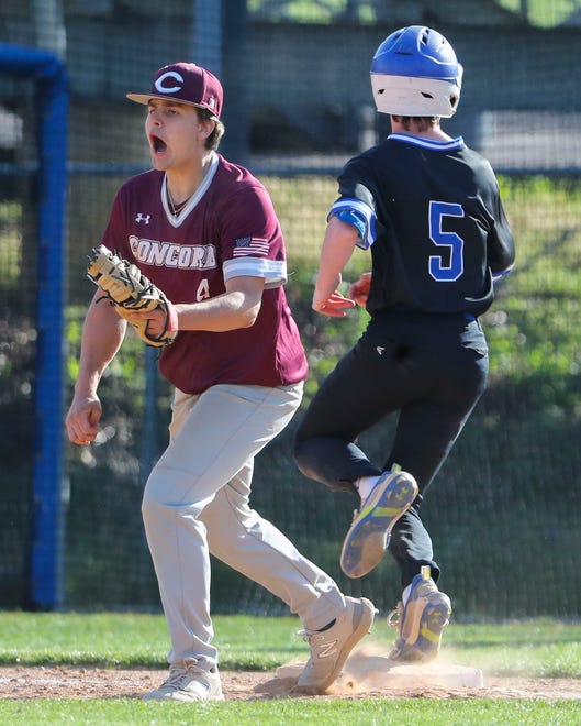 Concord first baseman Ryan Brooks reacts as the Raiders pull off a double play in the sixth inning of Concord's 3-1 win at Brandywine High School, Tuesday, April 23, 2024.
