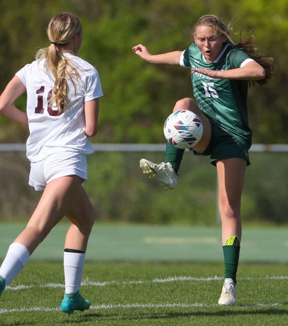 Saint Mark's Giana DiFebbo settles the ball in the first half of the Bucs' 1-0 overtime win at Saint Mark's High School, Wednesday, April 24, 2024.