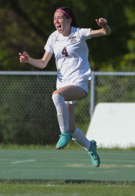 Caravel's Grace Slapcinsky reacts after her cornerkick found the net late in the first overtime in the Bucs' 1-0 overtime win at Saint Mark's High School, Wednesday, April 24, 2024.