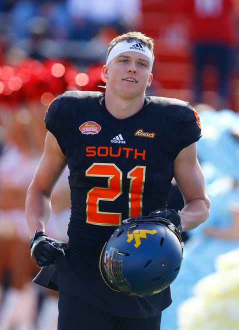 South wide receiver David Sills V of West Virginia (21) before the start of the Senior Bowl college football game, Saturday, Jan. 26, 2019, in Mobile, Ala.