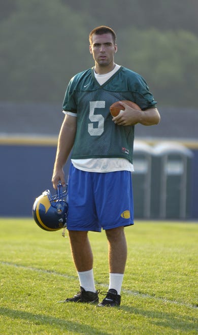 Joe Flacco (No. 5) on the UD practice field during the first practice of the summer Aug. 3, 2007.