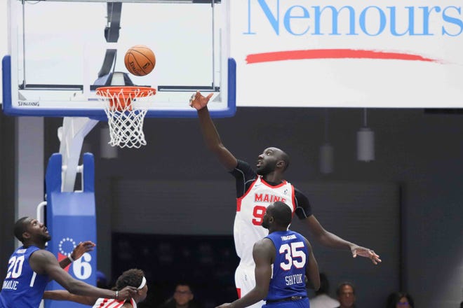Maine Red Claws Center TACKO FALL (99) attempts to grab the rebound in the second half of a NBA G-League regular season basketball game between the Bluecoats and the Maine Red Claws (Boston Celtics) Saturday, Nov. 09, 2019, at the 76ers Fieldhouse in Wilmington, DE