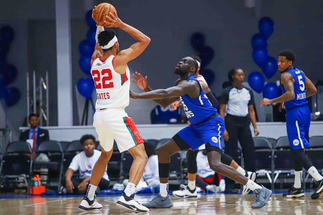 Delaware Bluecoats Guard MARIAL SHAYOK (35) plays defense in the first half of a NBA G-League regular season basketball game between the Bluecoats and the Maine Red Claws (Boston Celtics) Saturday, Nov. 09, 2019, at the 76ers Fieldhouse in Wilmington, DE