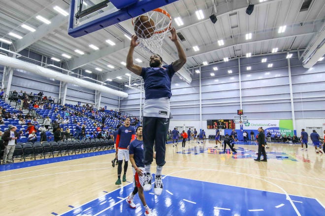 Maine Red Claws players seen warming up prior a NBA G-League regular season basketball game between the Bluecoats and the Maine Red Claws (Boston Celtics) Saturday, Nov. 09, 2019, at the 76ers Fieldhouse in Wilmington, DE
