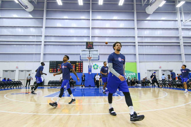 Delaware Bluecoats players seen warming up prior a NBA G-League regular season basketball game between the Bluecoats and the Maine Red Claws (Boston Celtics) Saturday, Nov. 09, 2019, at the 76ers Fieldhouse in Wilmington, DE