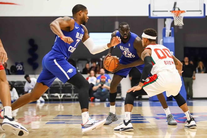 Delaware Bluecoats Guard MARIAL SHAYOK (35) looks to pass the ball as Maine Red Claws Guard BRYCE BROWN (00) defends in the first half of a NBA G-League regular season basketball game between the Bluecoats and the Maine Red Claws (Boston Celtics) Saturday, Nov. 09, 2019, at the 76ers Fieldhouse in Wilmington, DE