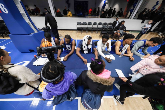 Delaware bluecoats players sign autographs for fans after a NBA G-League regular season basketball game between the Bluecoats and the Maine Red Claws (Boston Celtics) Saturday, Nov. 09, 2019, at the 76ers Fieldhouse in Wilmington, DE