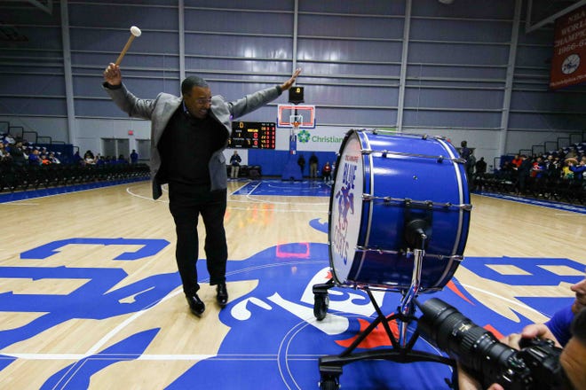 CBS 3 Anchor Ukee Washington beats the drum prior to a NBA G-League regular season basketball game between the Bluecoats and the Maine Red Claws (Boston Celtics) Saturday, Nov. 09, 2019, at the 76ers Fieldhouse in Wilmington, DE