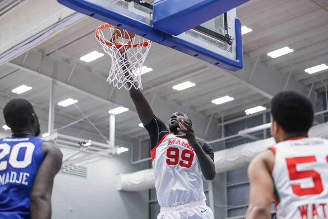 Maine Red Claws Center TACKO FALL (99) attempts to grab the put back in the second half of a NBA G-League regular season basketball game between the Bluecoats and the Maine Red Claws (Boston Celtics) Saturday, Nov. 09, 2019, at the 76ers Fieldhouse in Wilmington, DE
