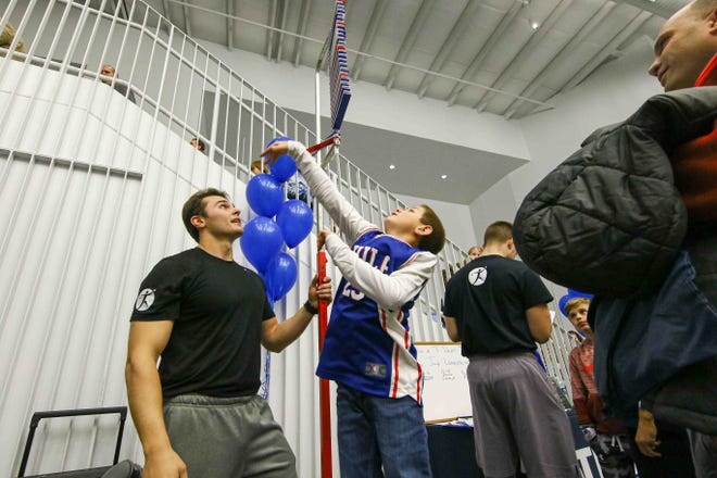 Fans participate in basketball activities prior to a NBA G-League regular season basketball game between the Bluecoats and the Maine Red Claws (Boston Celtics) Saturday, Nov. 09, 2019, at the 76ers Fieldhouse in Wilmington, DE