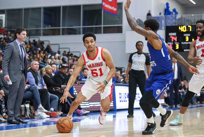 Maine Red Claws Guard TREMONT WATERS (51) "Two-Way Contract player" drives past Delaware Bluecoats Guard XAVIER MUNFORD (5) in the second half of a NBA G-League regular season basketball game between the Bluecoats and the Maine Red Claws (Boston Celtics) Saturday, Nov. 09, 2019, at the 76ers Fieldhouse in Wilmington, DE