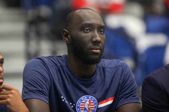 Maine Red Claws Center TACKO FALL (99) seen on bench in the first half of a NBA G-League regular season basketball game between the Bluecoats and the Maine Red Claws (Boston Celtics) Saturday, Nov. 09, 2019, at the 76ers Fieldhouse in Wilmington, DE