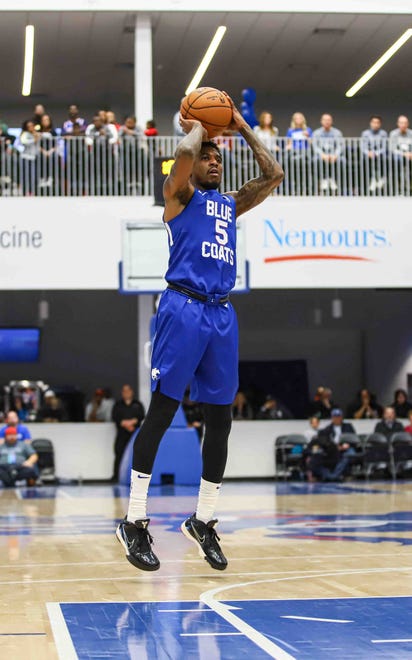 Delaware Bluecoats Guard XAVIER MUNFORD (5) attempts a jump shot in the first half of a NBA G-League regular season basketball game between the Bluecoats and the Maine Red Claws (Boston Celtics) Saturday, Nov. 09, 2019, at the 76ers Fieldhouse in Wilmington, DE