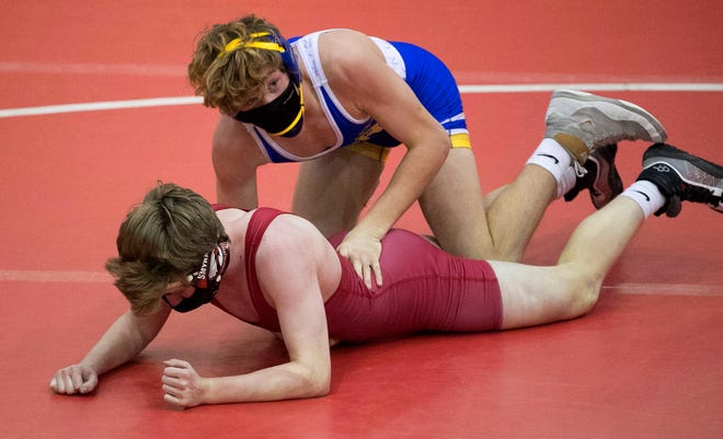 Caesar Rodney's Cameron Cataldi (top) wins by technical fall against Smyrna's Jake Wagner at 126 pounds in Smyrna's 46-32 win Wednesday, Jan. 27, 2021.
