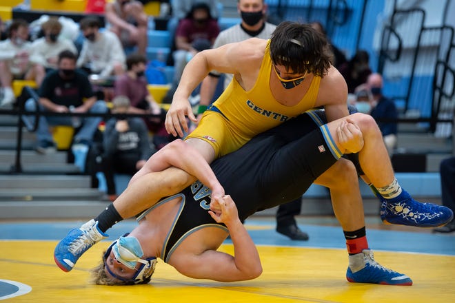 Sussex Central's Josh Negron (top) and Cape Henlopen's Dalton Deevey wrestle in the 182 pound championship match at the DIAA State Individual Wrestling Championship at Cape Henlopen High School Wednesday, March 3, 2021.