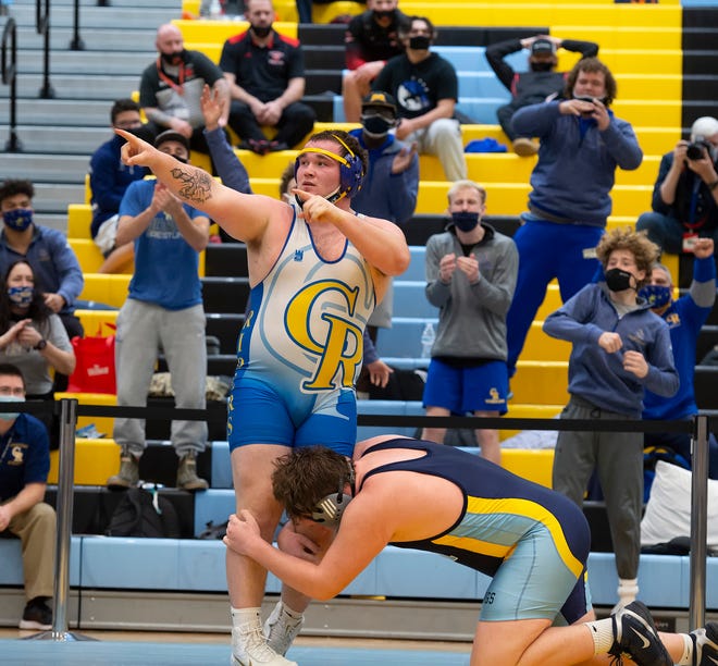 Caesar Rodney’s Kevin Hudson defeats Cape Henlopen’s Lucas in the 285 pound championship match at the DIAA State Individual Wrestling Championship at Cape Henlopen High School Wednesday, March 3, 2021.